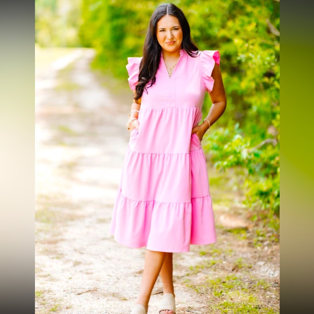 Pink Tiered Flutter Sleeve Midi Dress